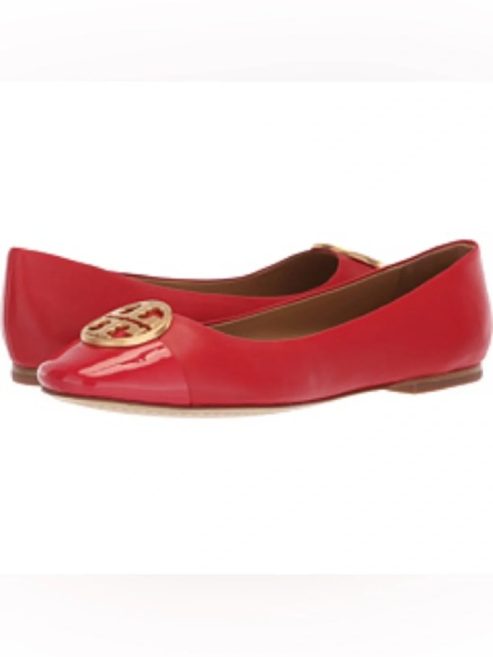Tory Burch Chelsea Red Patent Leather Cap-Toe Gold Logo Ballet Flats Size 8.5